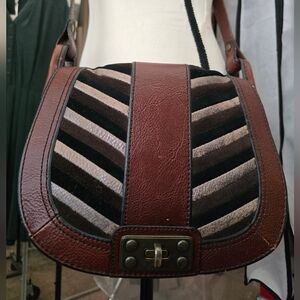 FOSSIL Vintage Reissue Saddlebag Brown Leather Blk Pewter Suede Chevron Turnlock